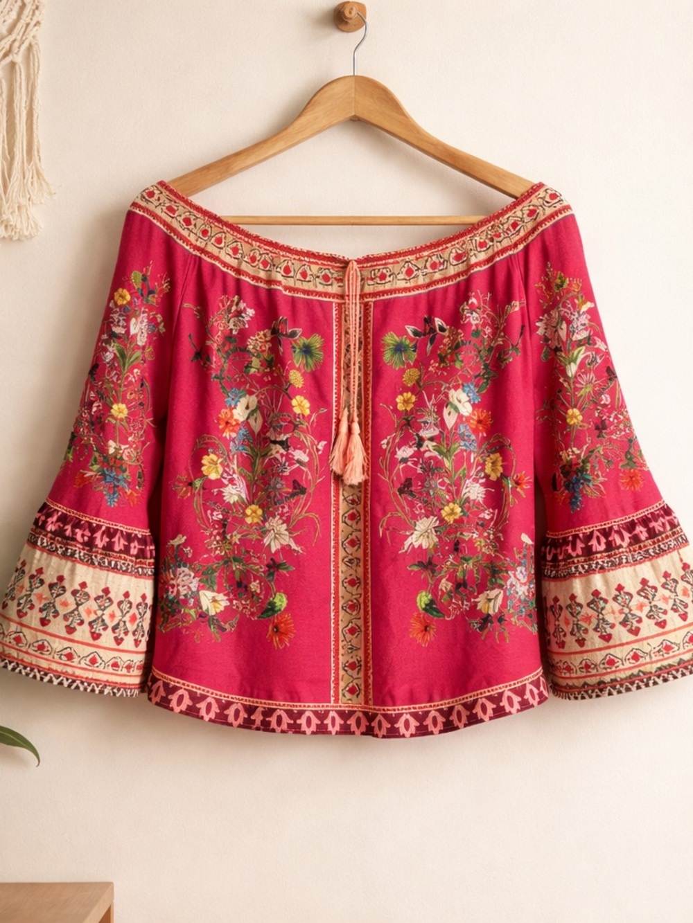 Umgee Boho Floral Off Shoulder Bell Sleeve Top Pink Large